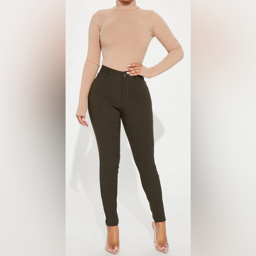High Rise Stretch Skinny Pants Olive Green Size L NWT
